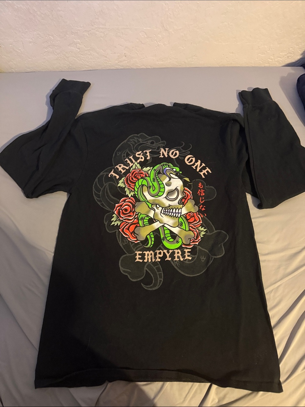 Empyre Black Long-Sleeve Tee with Neon Green Snake and Red Roses Graphic